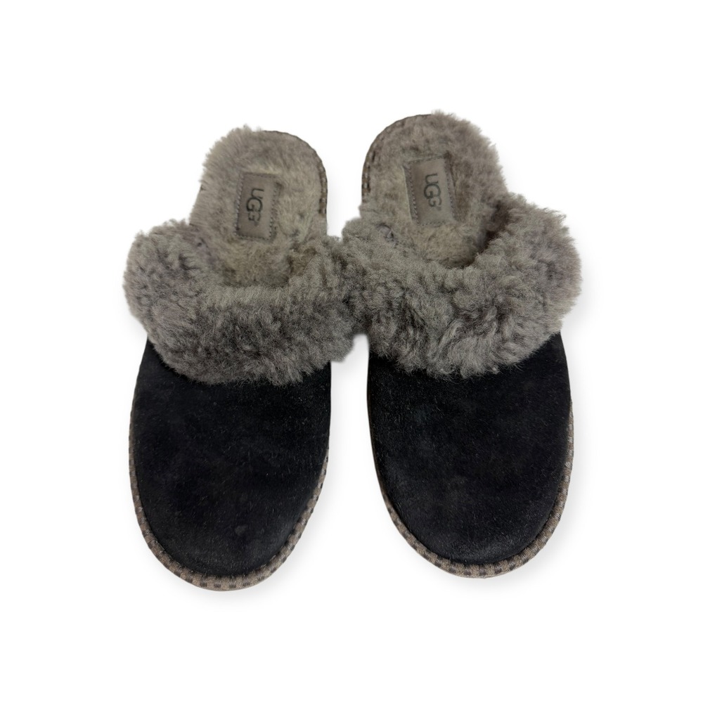 UGG  Suede Sheepskin‎ Slippers Black Grey Fur Shearling Mules Womens Sz 5